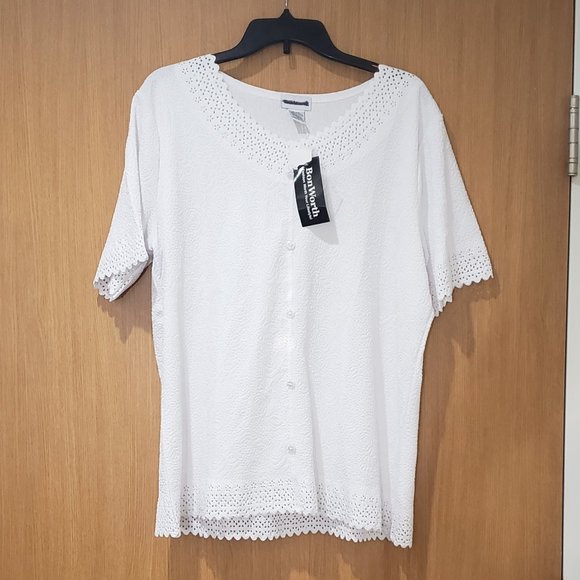 Bon Worth Tops - Bon Worth, NWT, white embroidered lace cut out button pull over blouse, Large